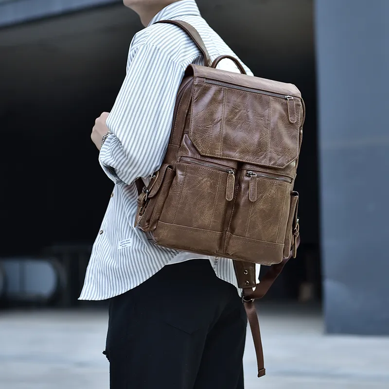 Ceion Keust PU Soft Cotton Backpack Large Size Men's Coffee-8