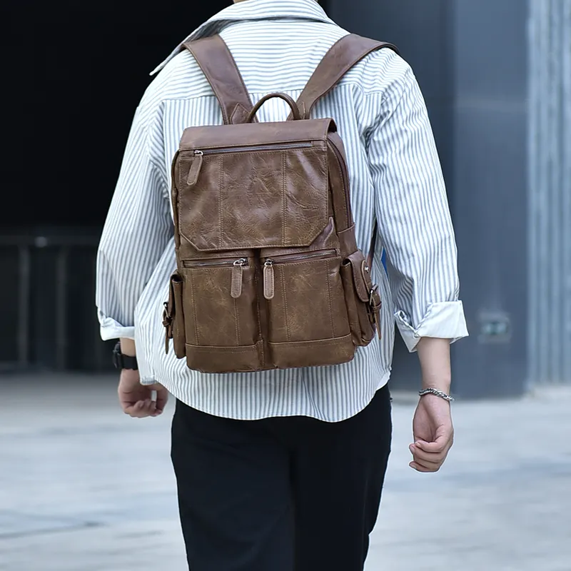 Ceion Keust PU Soft Cotton Backpack Large Size Men's Coffee-7