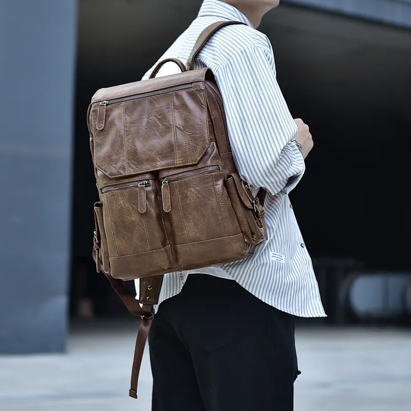 Ceion Keust PU Soft Cotton Backpack Large Size Men's Coffee-6