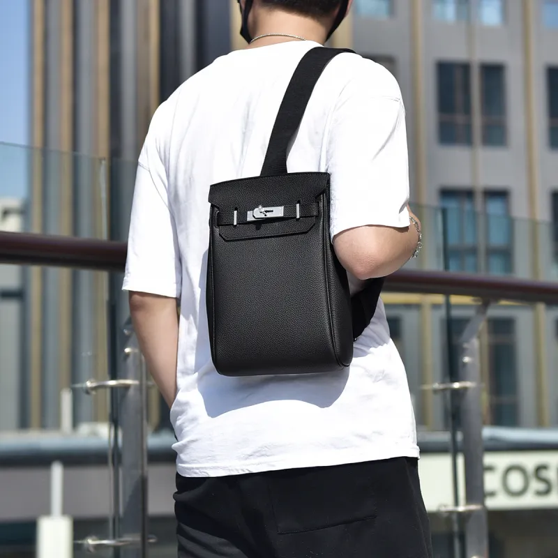 Ceion Keust Top Grain Cow Leather Sling Bag Medium Size Unisex Black-6