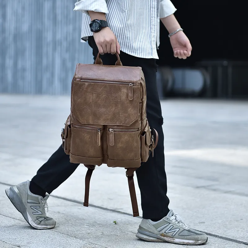 Ceion Keust PU Soft Cotton Backpack Large Size Men's Coffee-9