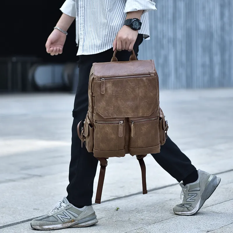 Ceion Keust PU Soft Cotton Backpack Large Size Men's Coffee-5