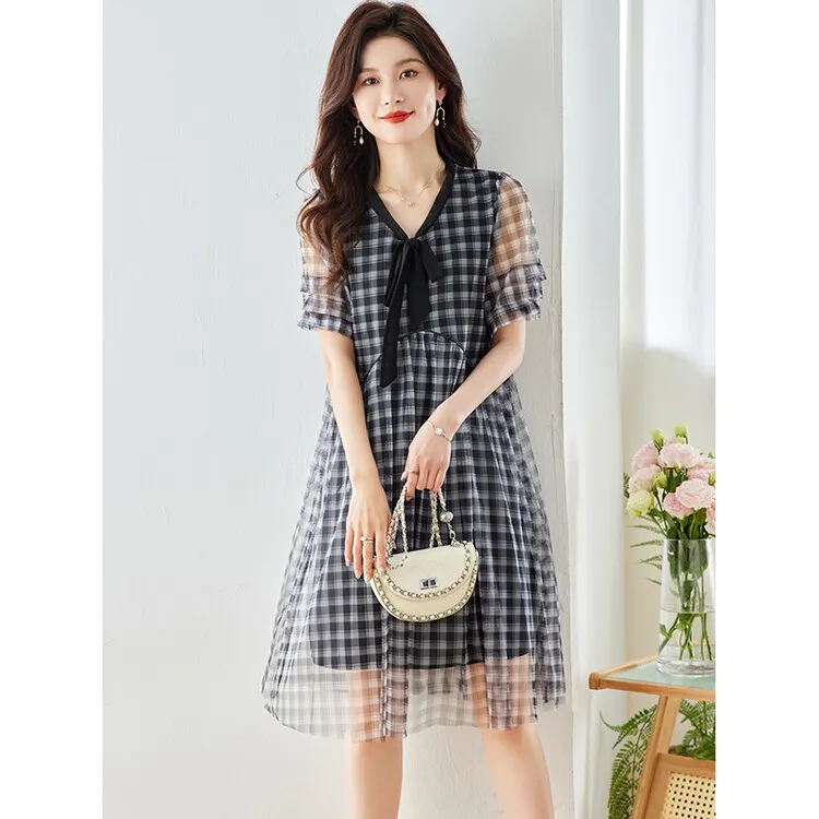 PIERRE CARDIN Short Sleeved Dress Women's Black Plaid-4