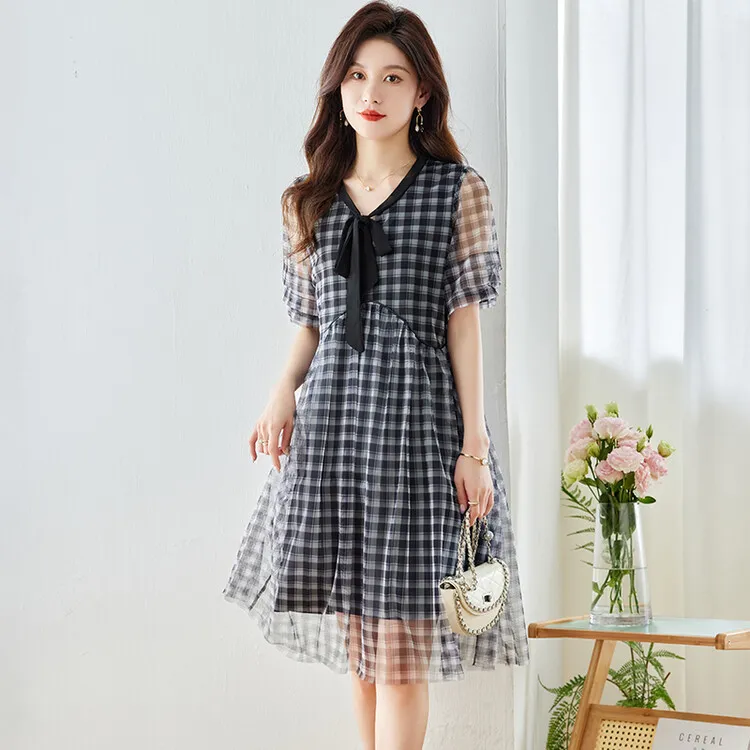 PIERRE CARDIN Short Sleeved Dress Women's Black Plaid-1
