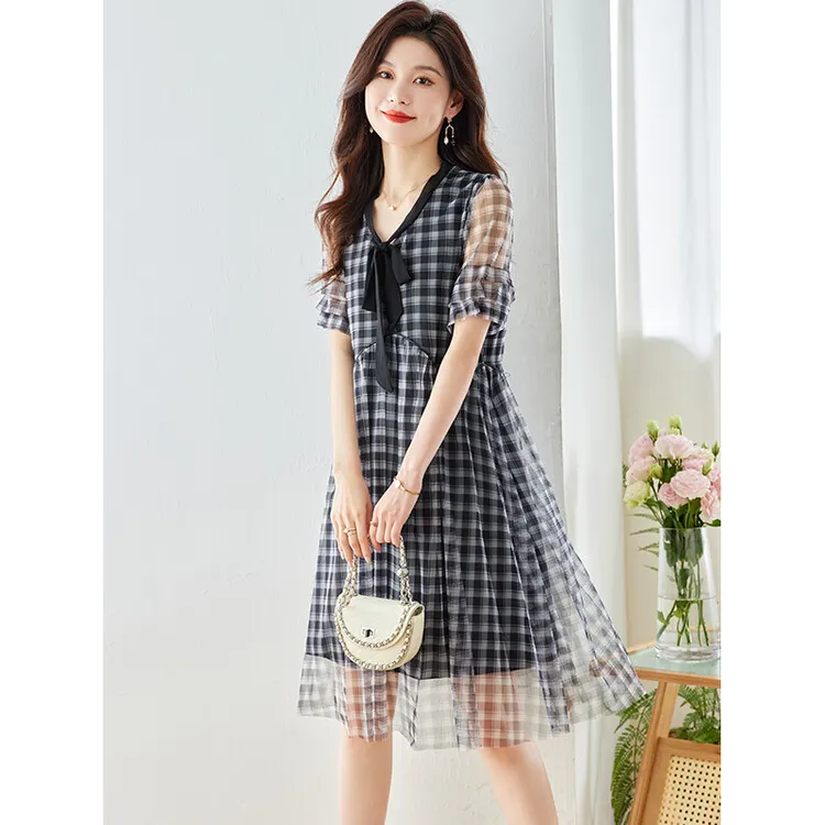 PIERRE CARDIN Short Sleeved Dress Women's Black Plaid-3