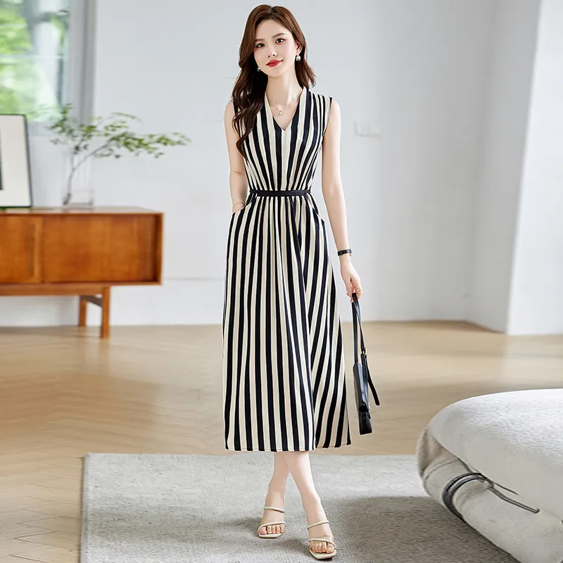 PIERRE CARDIN Sleeveless Dress Women's Black White Stripes-3