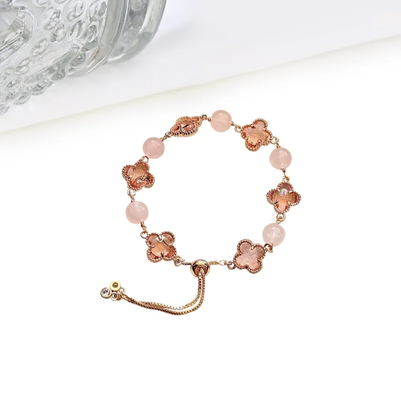 Welcome To The Treasure Lively Clear Gentle Design Trendy Four Leaf Clover Peachy Pink Crystal Bracelets Unisex-4