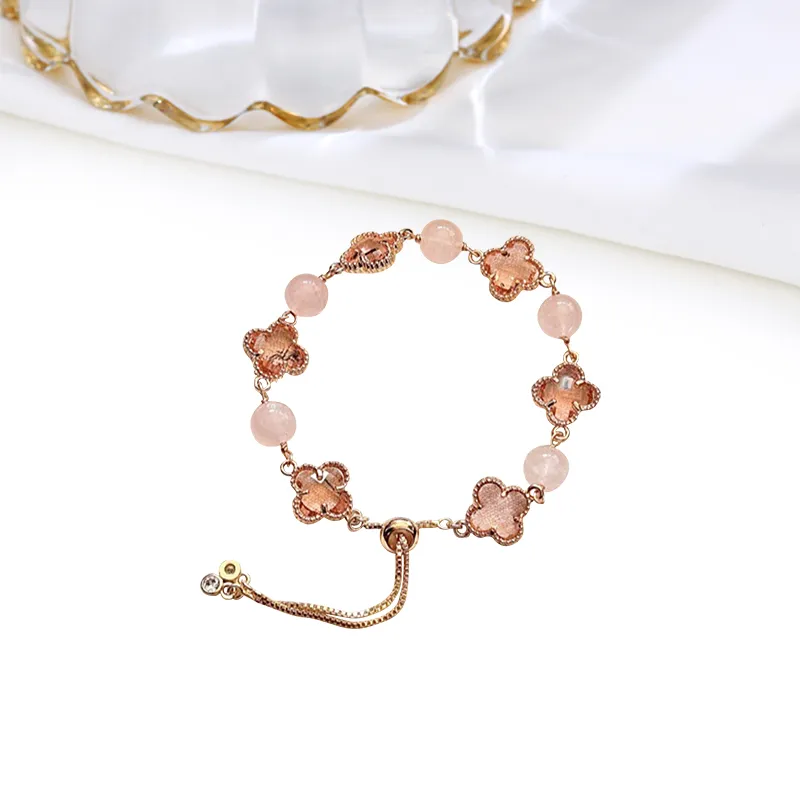 Welcome To The Treasure Lively Clear Gentle Design Trendy Four Leaf Clover Peachy Pink Crystal Bracelets Unisex-3