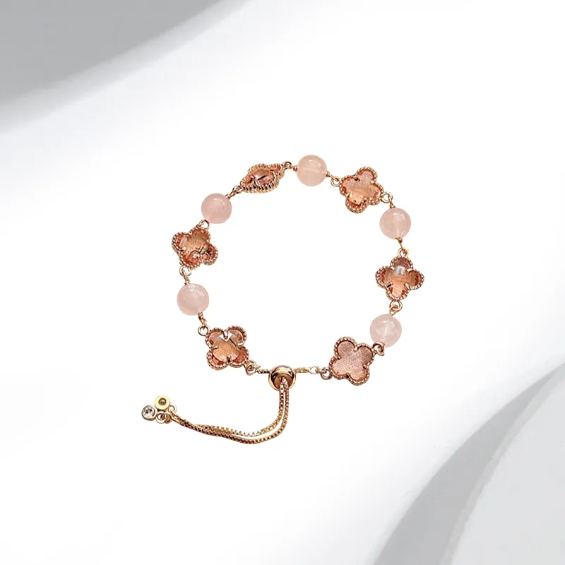 Welcome To The Treasure Lively Clear Gentle Design Trendy Four Leaf Clover Peachy Pink Crystal Bracelets Unisex-5