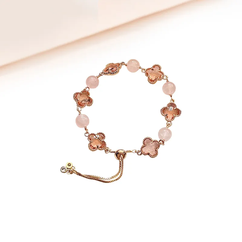 Welcome To The Treasure Lively Clear Gentle Design Trendy Four Leaf Clover Peachy Pink Crystal Bracelets Unisex-2