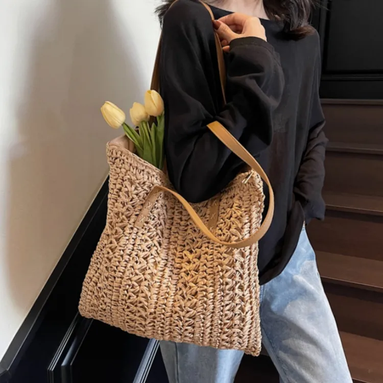 WHEELY BABY+ Straw Woven Shoulder Bag Regular Women's Khaki/Ecru-1