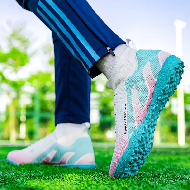 TriVict Win A Hundred Battles And Win A Hundred Victories. Soccer Shoes Unisex Mid Top White/Pink/Aqua/Blue-14