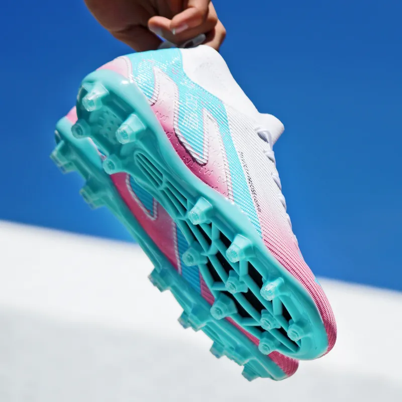 TriVict Win A Hundred Battles And Win A Hundred Victories. Soccer Shoes Unisex Mid Top White/Pink/Aqua/Blue-14