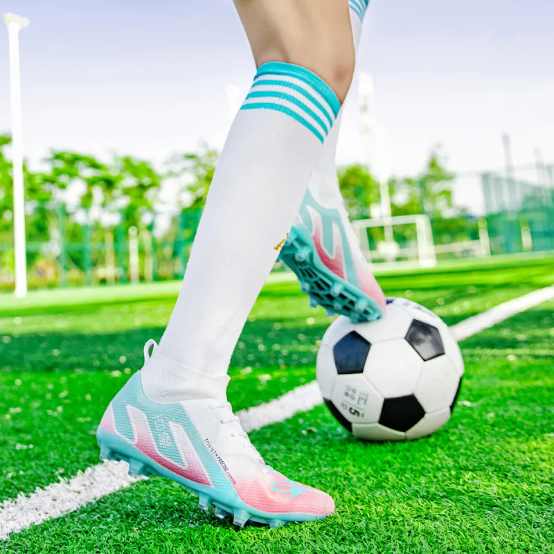 TriVict Win A Hundred Battles And Win A Hundred Victories. Soccer Shoes Unisex Mid Top White/Pink/Aqua/Blue-13