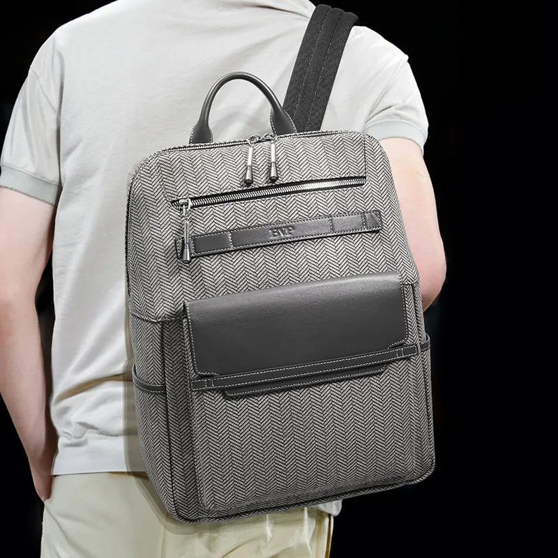 BVP Top Grain Cow Leather Travel Backpack Men's Gray-6