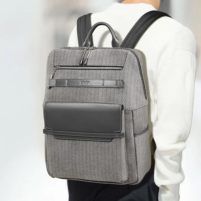 BVP Top Grain Cow Leather Travel Backpack Men's Gray-3