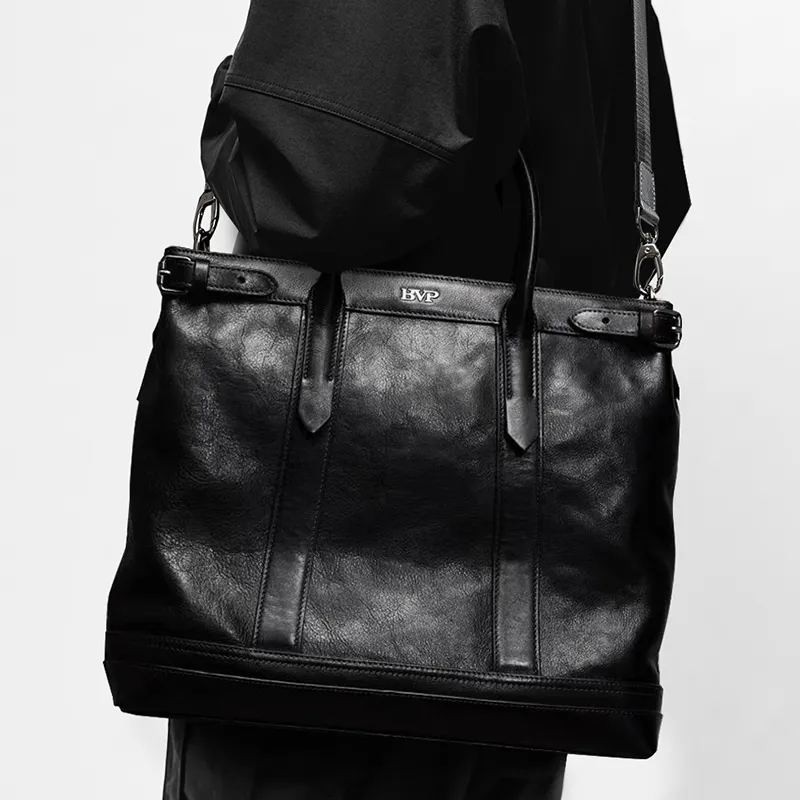 BVP Top Grain Cow Leather Casual Briefcase Regular Men's Black-7