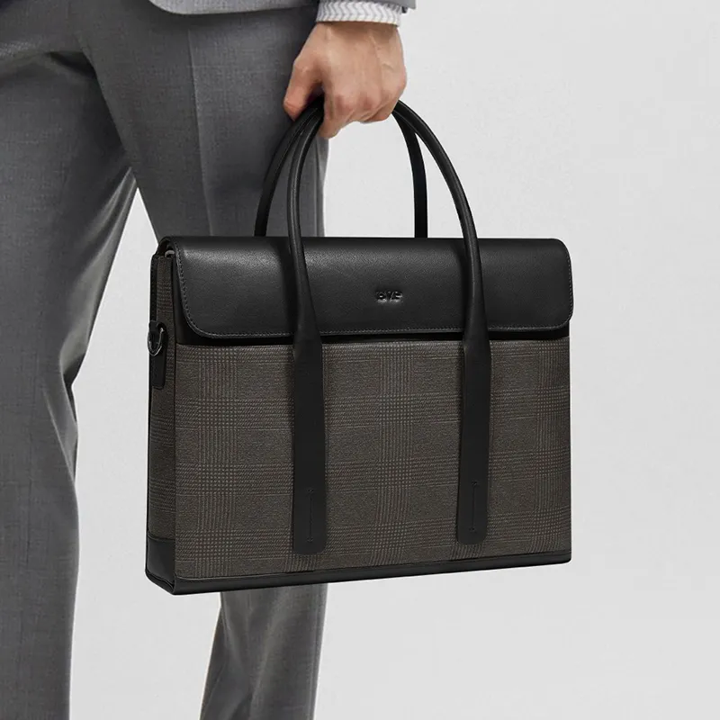 BVP Cow Leather Business Casual Men's Briefcase Handbag Small Size Men's Gray/Black-6