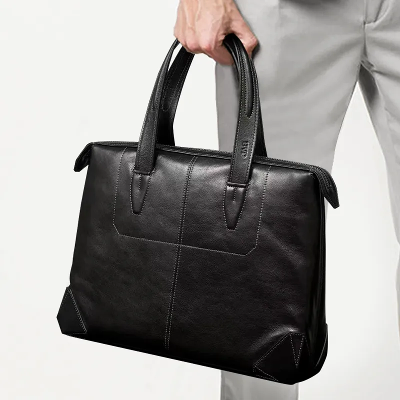 BVP Top Grain Cow Leather Handbag Small Size Men's Black-4