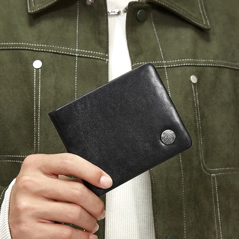 BVP Multiple Card Slots Casual Cow Leather Integrated Men's Short Wallet Card Holder Regular Men's Black-5