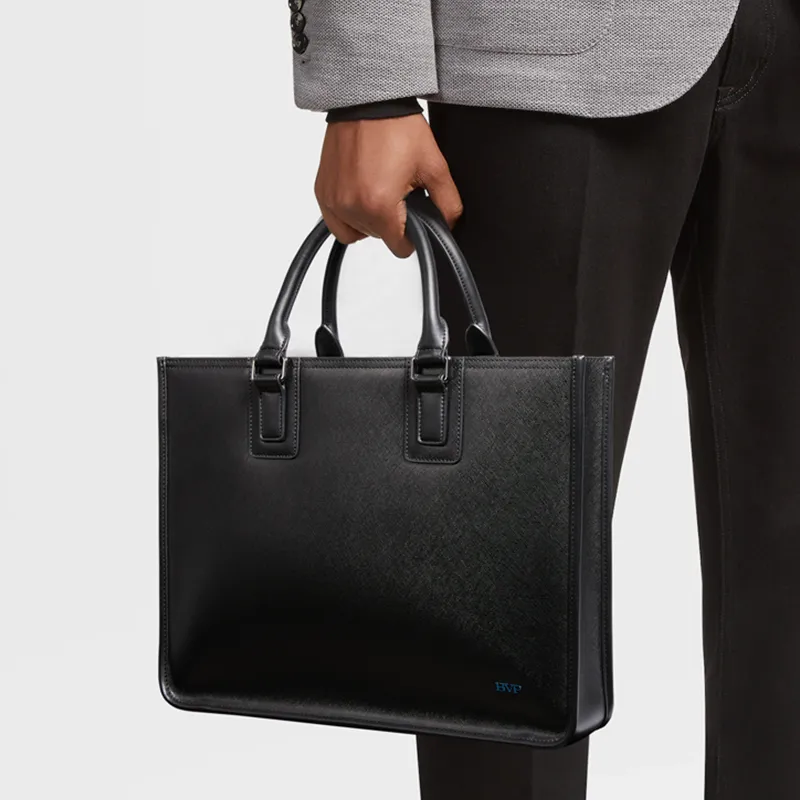BVP Cow Leather Crossbody Briefcase Men's Elegant Black-5