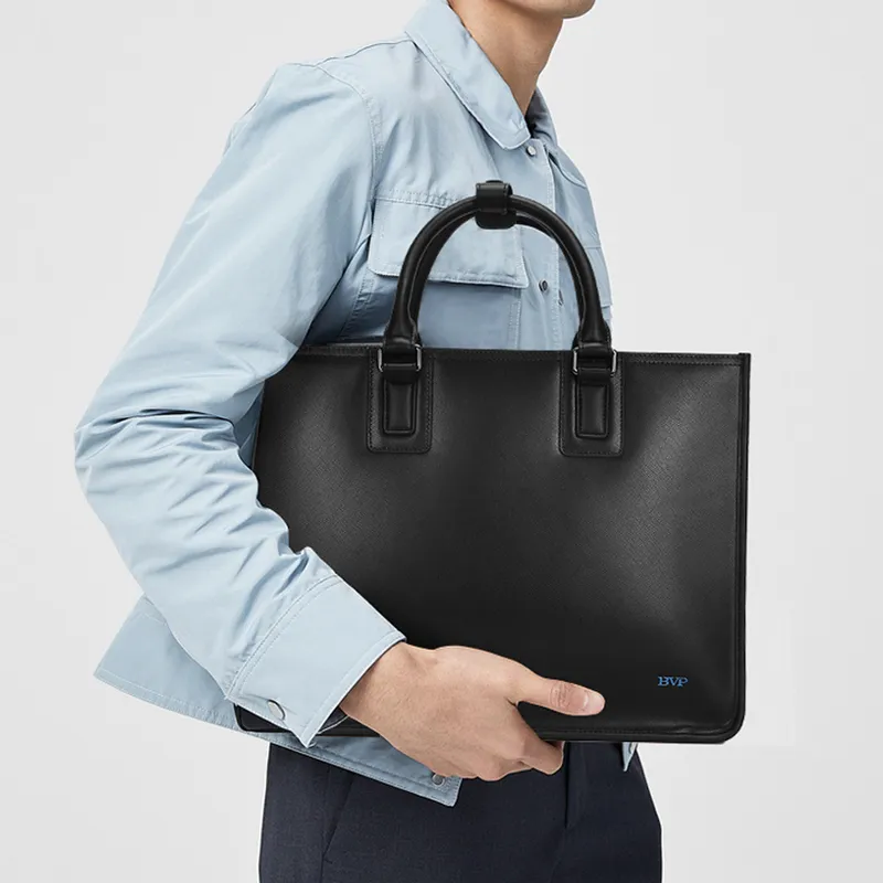 BVP Cow Leather Crossbody Briefcase Men's Elegant Black-9