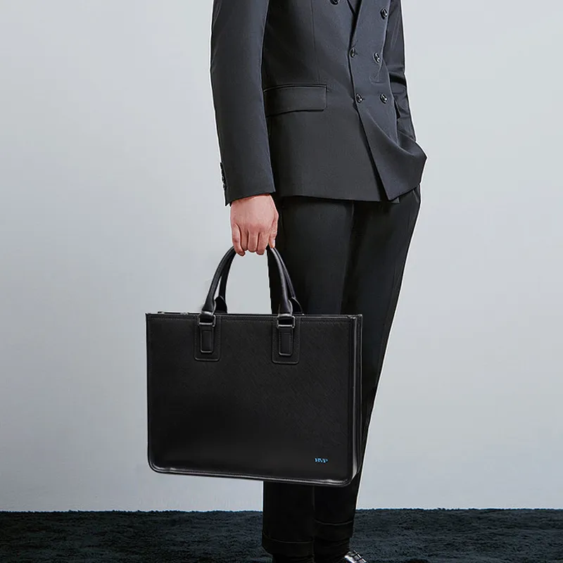 BVP Cow Leather Crossbody Briefcase Men's Elegant Black-7