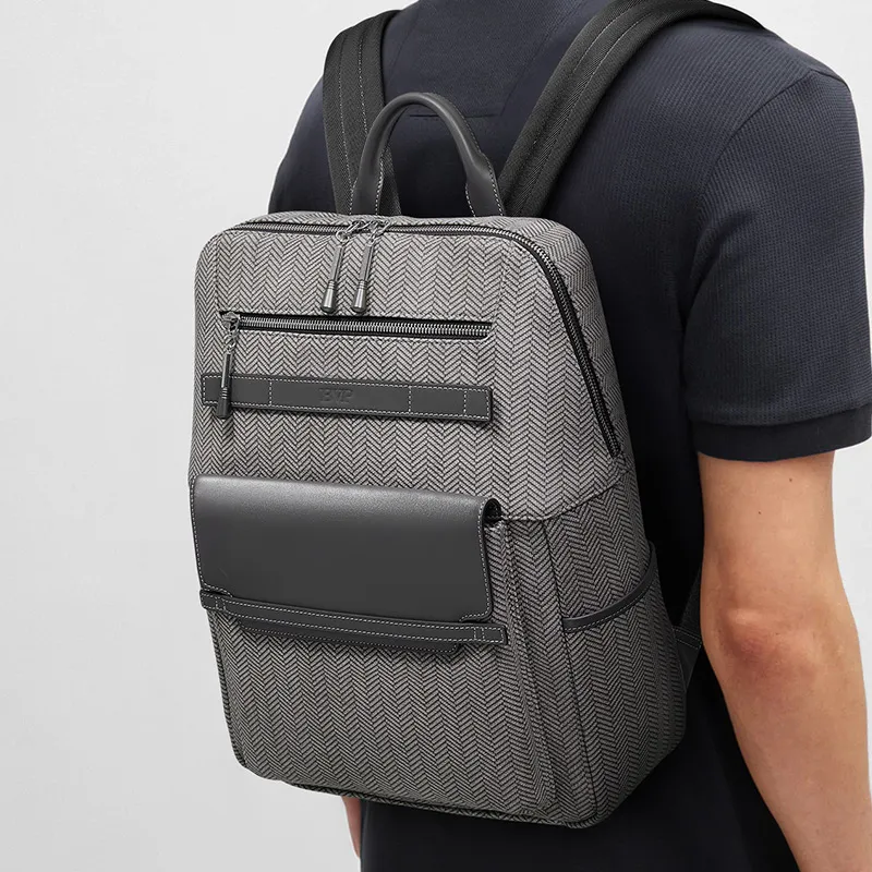 BVP Top Grain Cow Leather Travel Backpack Men's Gray-2