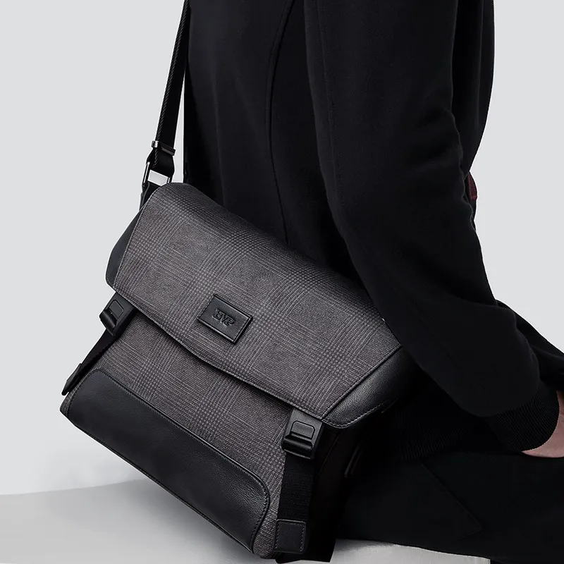 BVP Cow Leather Cycling Bag Shoulder Bag Crossbody Bag Large Size Men's Black-3