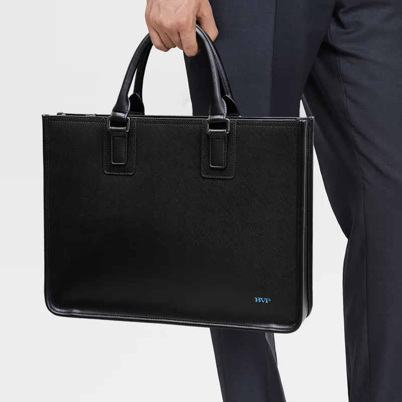 BVP Cow Leather Crossbody Briefcase Men's Elegant Black-8