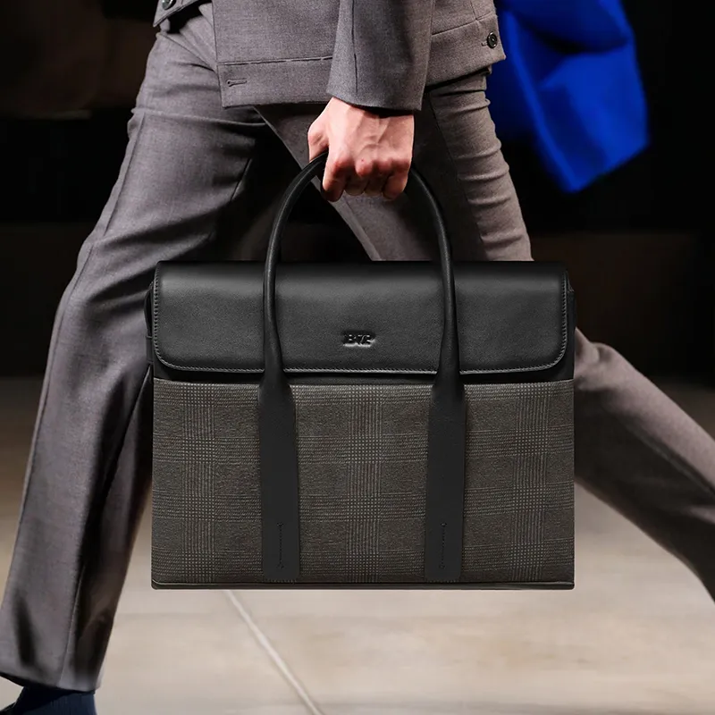 BVP Cow Leather Business Casual Men's Briefcase Handbag Small Size Men's Gray/Black-5