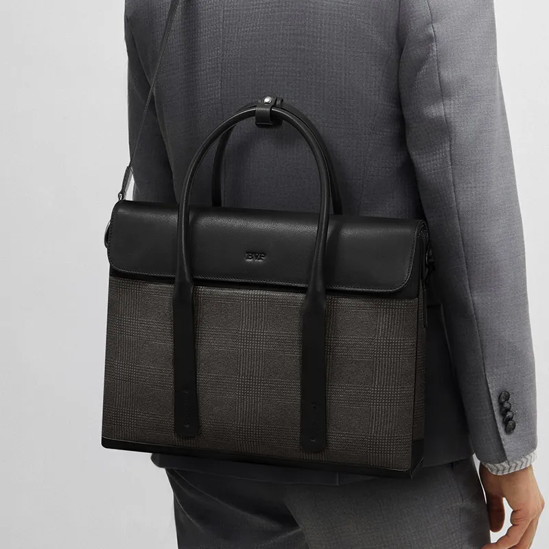 BVP Cow Leather Business Casual Men's Briefcase Handbag Small Size Men's Gray/Black-4
