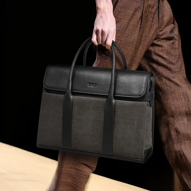 BVP Cow Leather Business Casual Men's Briefcase Handbag Small Size Men's Gray/Black-3