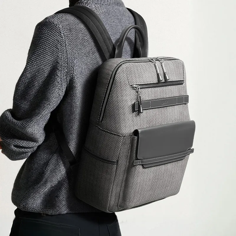 BVP Top Grain Cow Leather Travel Backpack Men's Gray-4