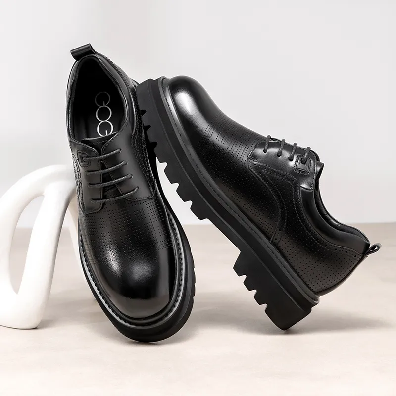 GOG Summer Breathable Genuine Leather Casual Shoes Men's Black-3