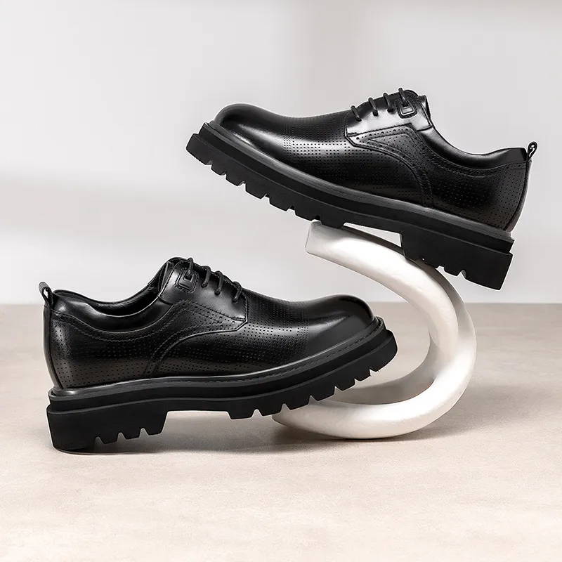 GOG Summer Breathable Genuine Leather Casual Shoes Men's Black-4