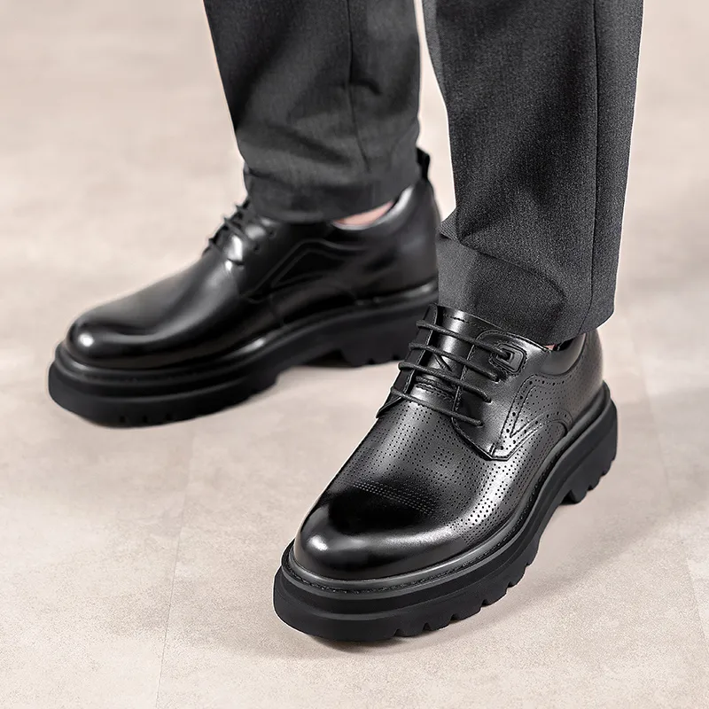 GOG Summer Breathable Genuine Leather Casual Shoes Men's Black-5