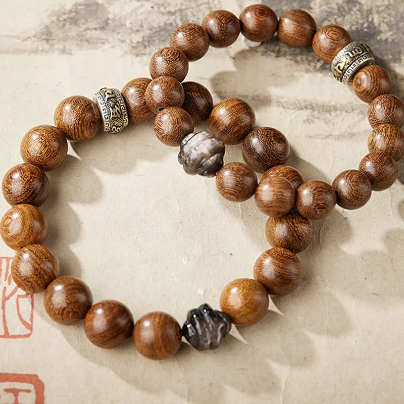 SGE Golden Sandalwood Beaded Bracelet Wooden Product Buddhist Bead Unisex-6