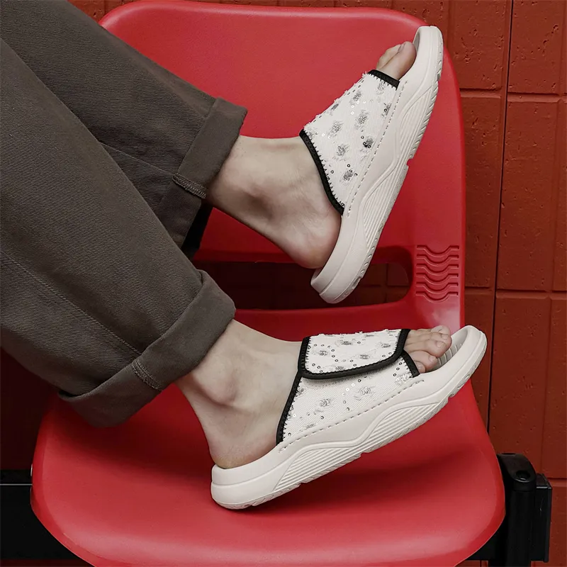 XIMO BULL Rubber Sole Embroidery Abrasion Resistant Slide Slippers Men's White-5