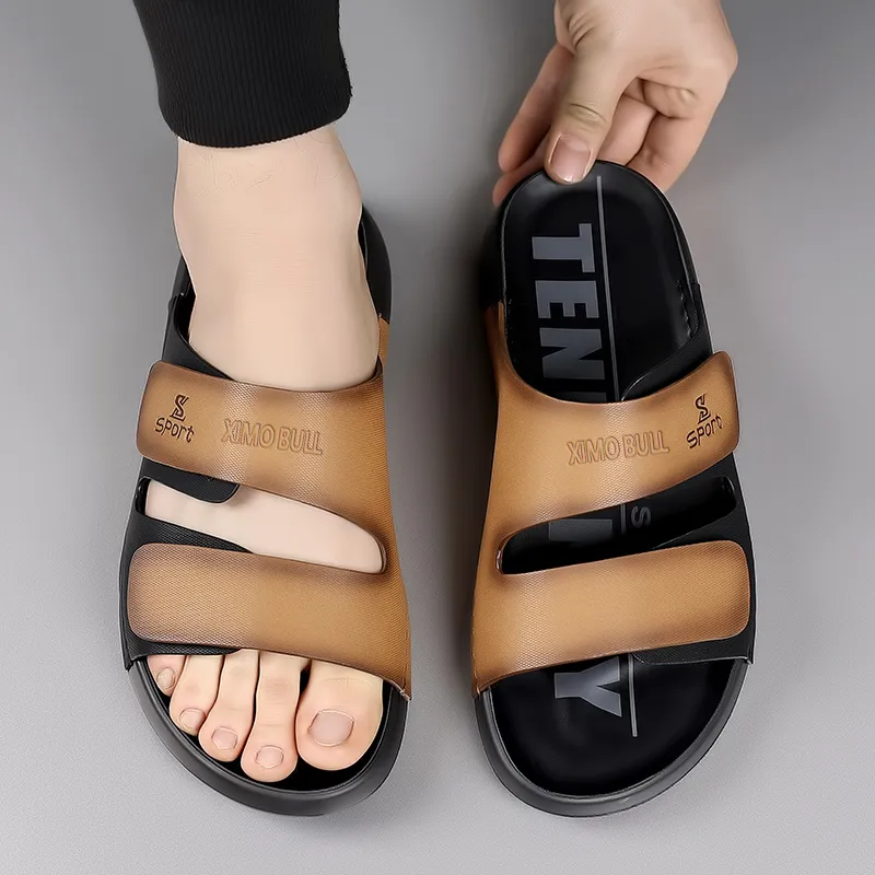 XIMO BULL Rubber Sole Stitching Leather Patchwork Odor Resistant Slide Slippers Men's-3