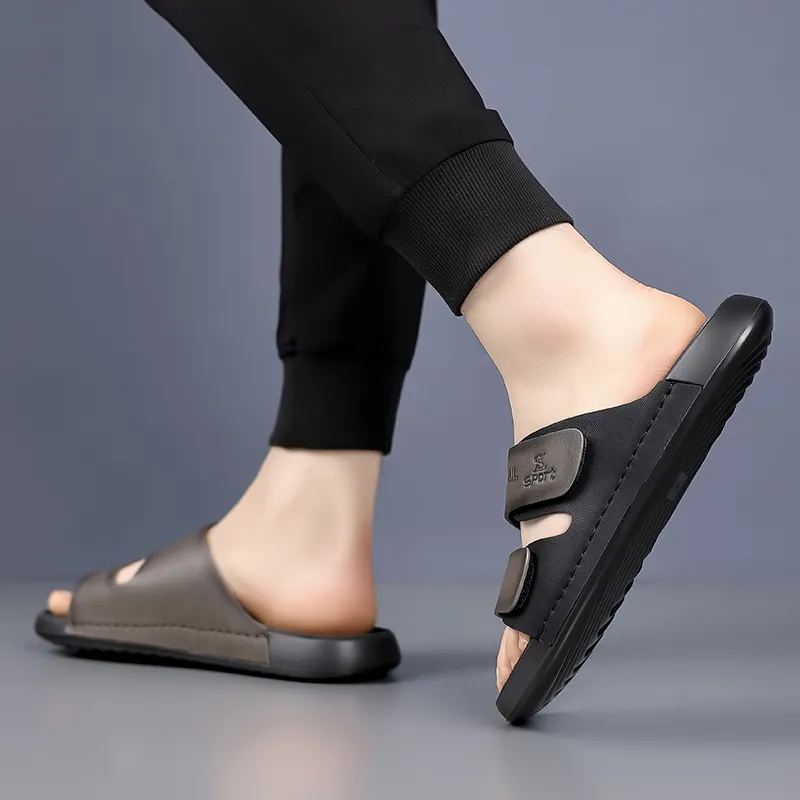 XIMO BULL Rubber Sole Stitching Leather Patchwork Odor Resistant Slide Slippers Men's-7
