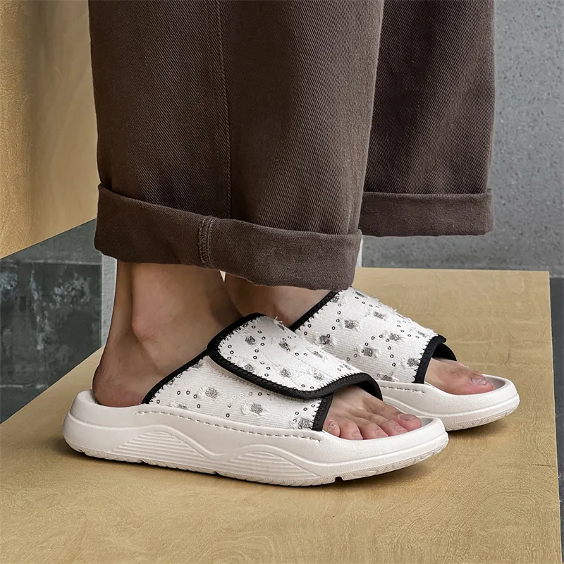 XIMO BULL Rubber Sole Embroidery Abrasion Resistant Slide Slippers Men's White-6