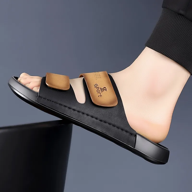XIMO BULL Rubber Sole Stitching Leather Patchwork Odor Resistant Slide Slippers Men's-2