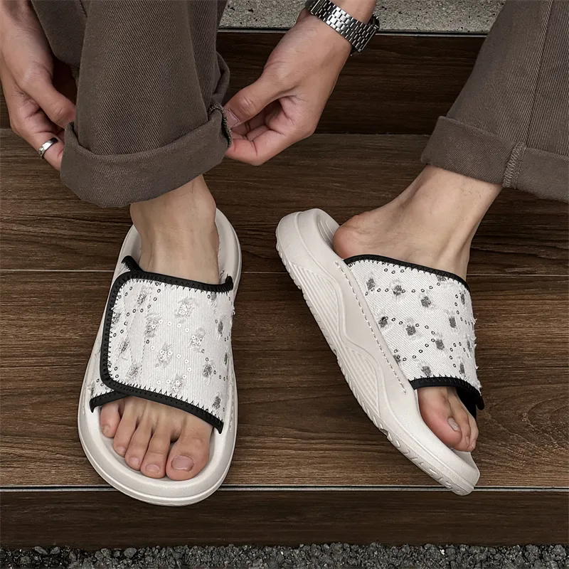 XIMO BULL Rubber Sole Embroidery Abrasion Resistant Slide Slippers Men's White-3
