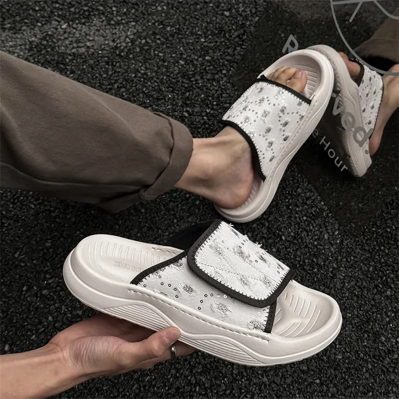XIMO BULL Rubber Sole Embroidery Abrasion Resistant Slide Slippers Men's White-2