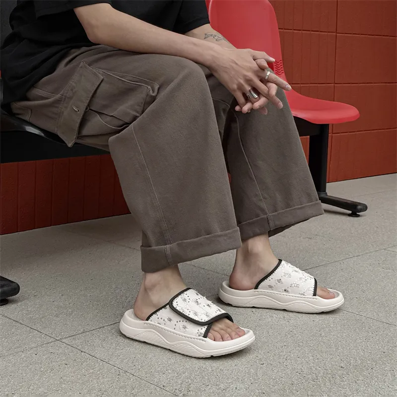XIMO BULL Rubber Sole Embroidery Abrasion Resistant Slide Slippers Men's White-4
