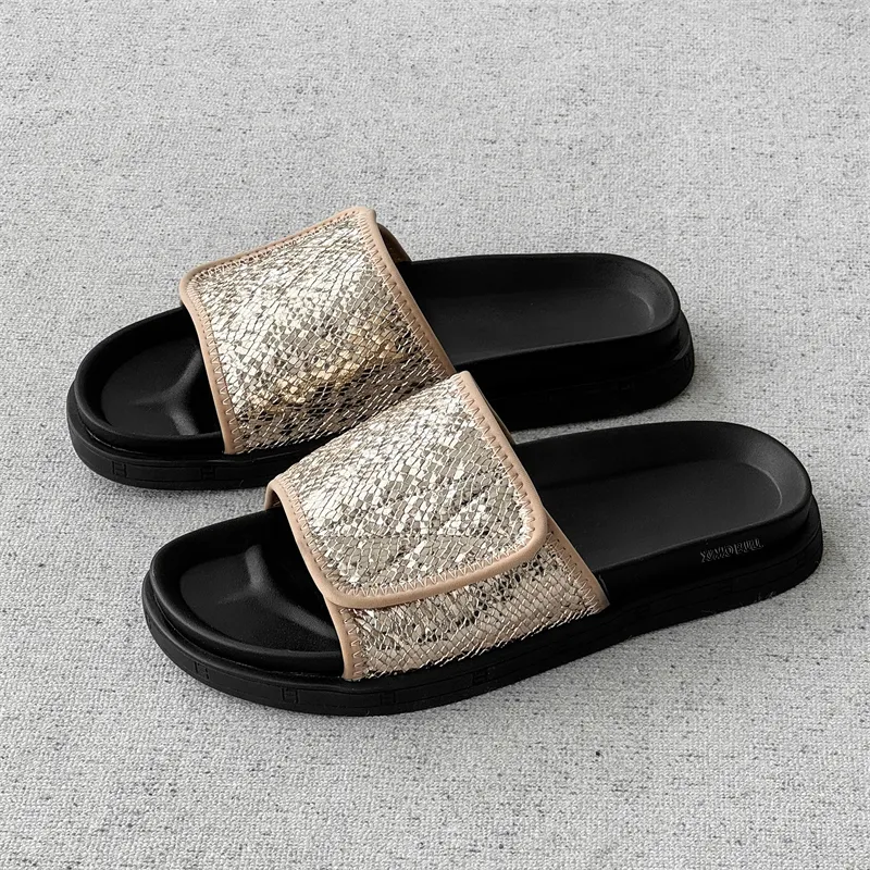 XIMO BULL Rubber Sole Sequins Slip Resistant Slide Slippers Unisex Black-10