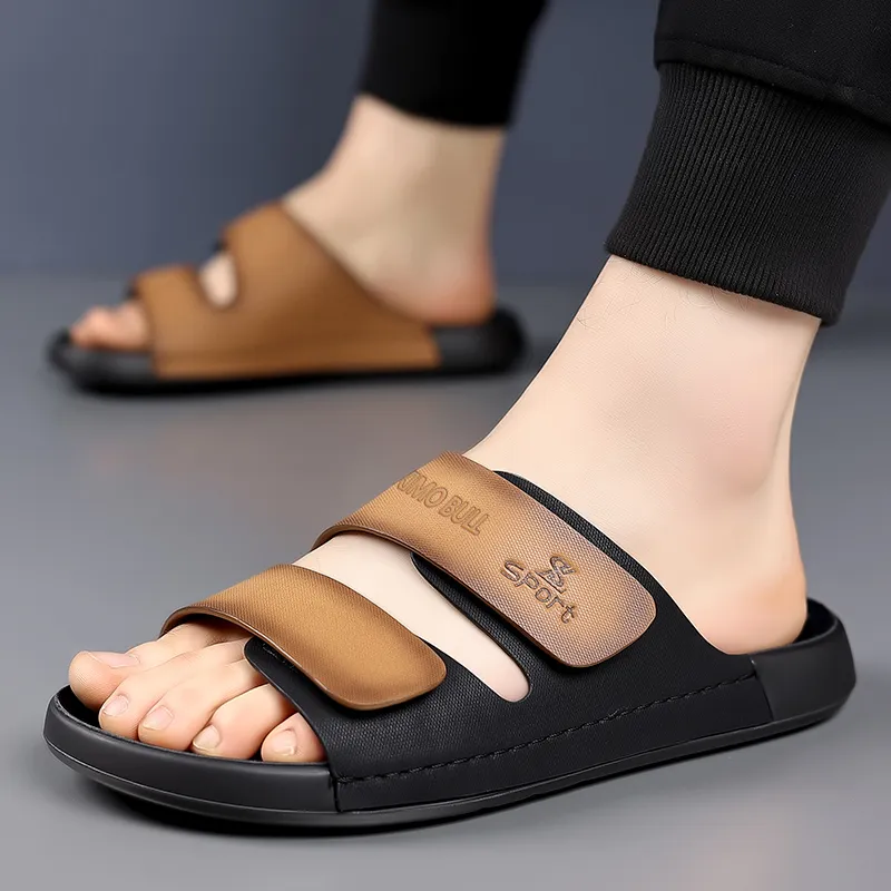 XIMO BULL Rubber Sole Stitching Leather Patchwork Odor Resistant Slide Slippers Men's-1