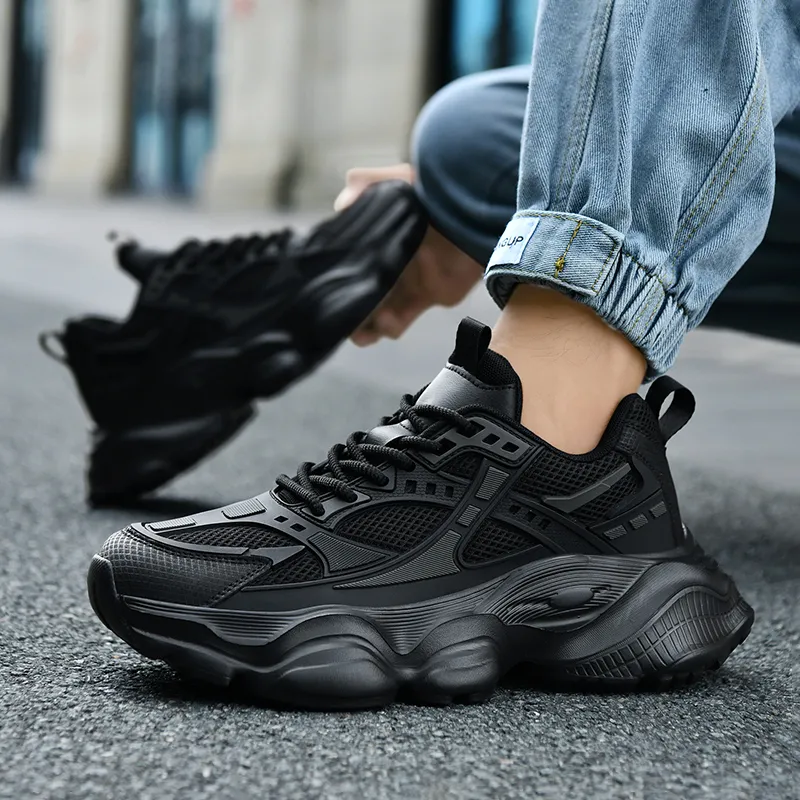 Grumpy Ram Anti Slip Wear Resistant Breathable Height Increasing Low Top Chunky Sneakers Men's Black-4