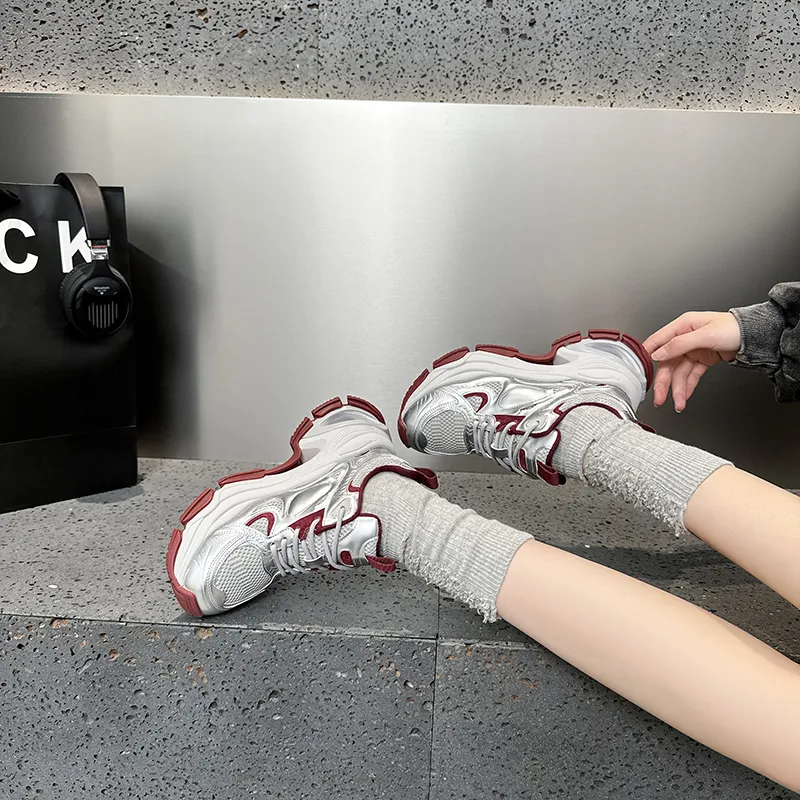 BBMTR Chunky Sneakers Women's Low Top Black/Silver/Angela Red-13